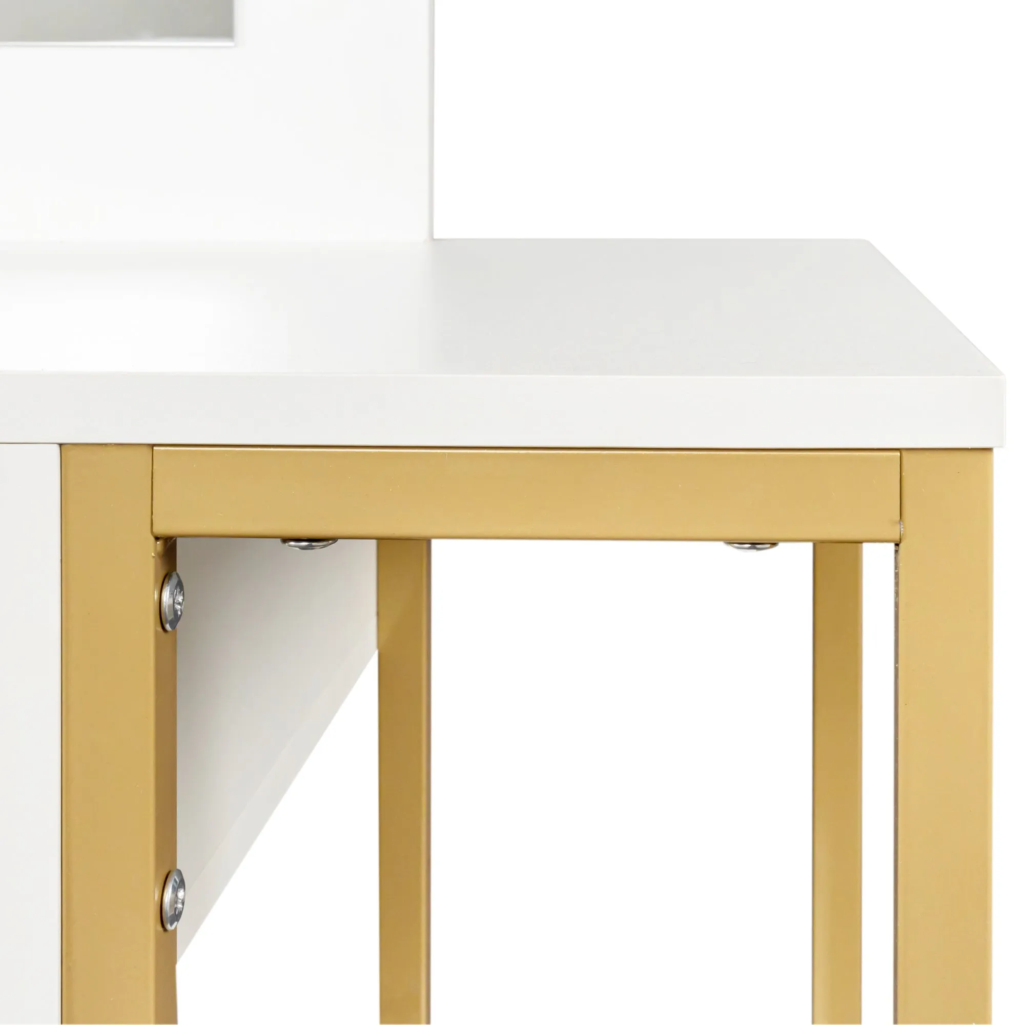 White modern simple vanity, solid metal frame construction, 9 LED lights illuminate makeup mirror, adjustable brightness