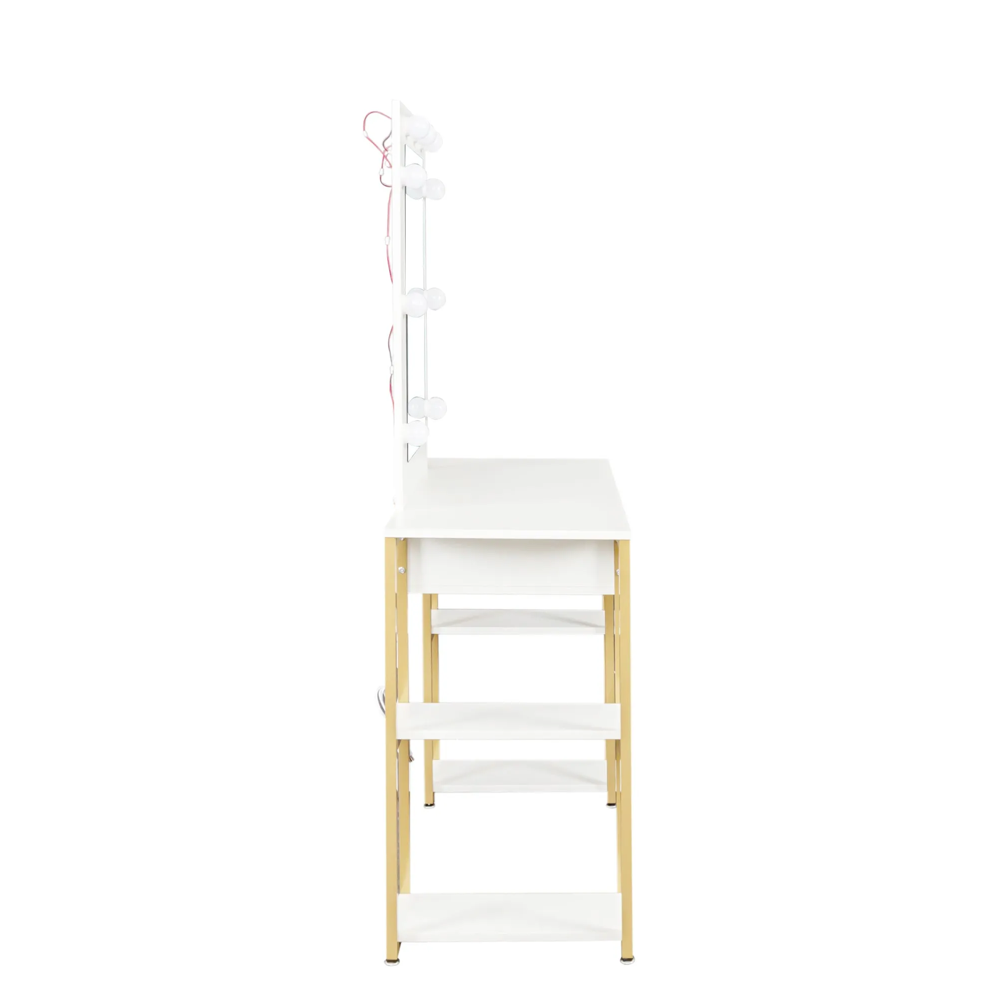 White modern simple vanity, solid metal frame construction, 9 LED lights illuminate makeup mirror, adjustable brightness