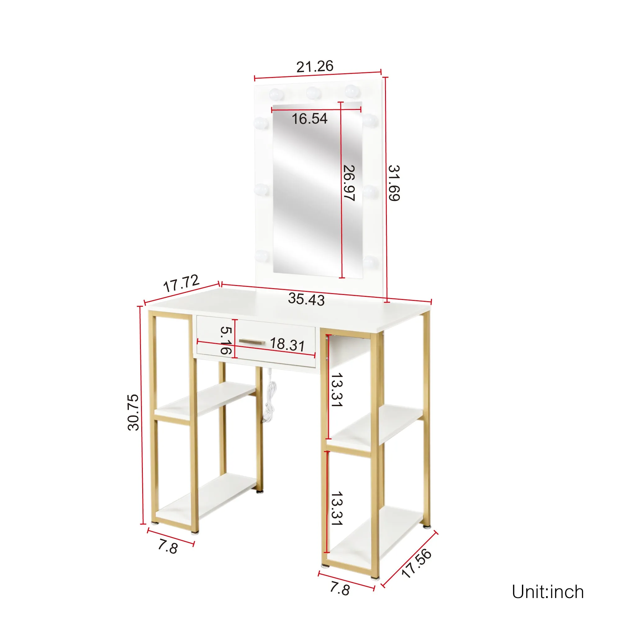 White modern simple vanity, solid metal frame construction, 9 LED lights illuminate makeup mirror, adjustable brightness