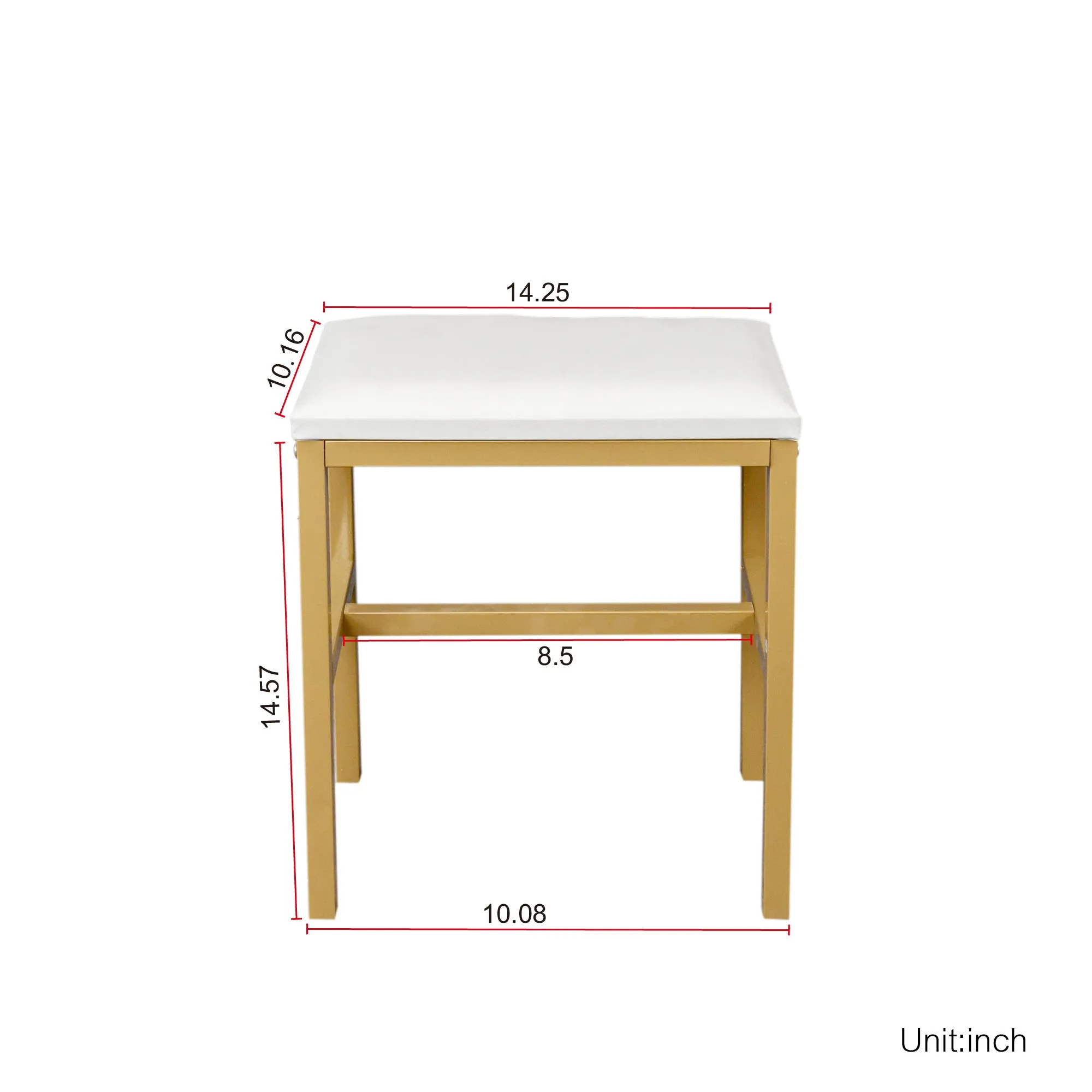 White modern simple vanity, solid metal frame construction, 9 LED lights illuminate makeup mirror, adjustable brightness