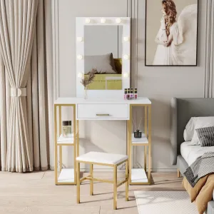 White modern simple vanity, solid metal frame construction, 9 LED lights illuminate makeup mirror, adjustable brightness