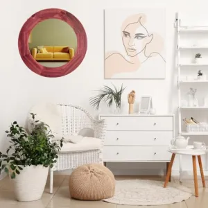 Wooden Frame Maroon Round Pine Decorative Mirror for Wall, Bathroom, Wall Decor, Designer Mirror, Decorative Mirror - Pack of 1 (18 Inch/45.72 Cm)