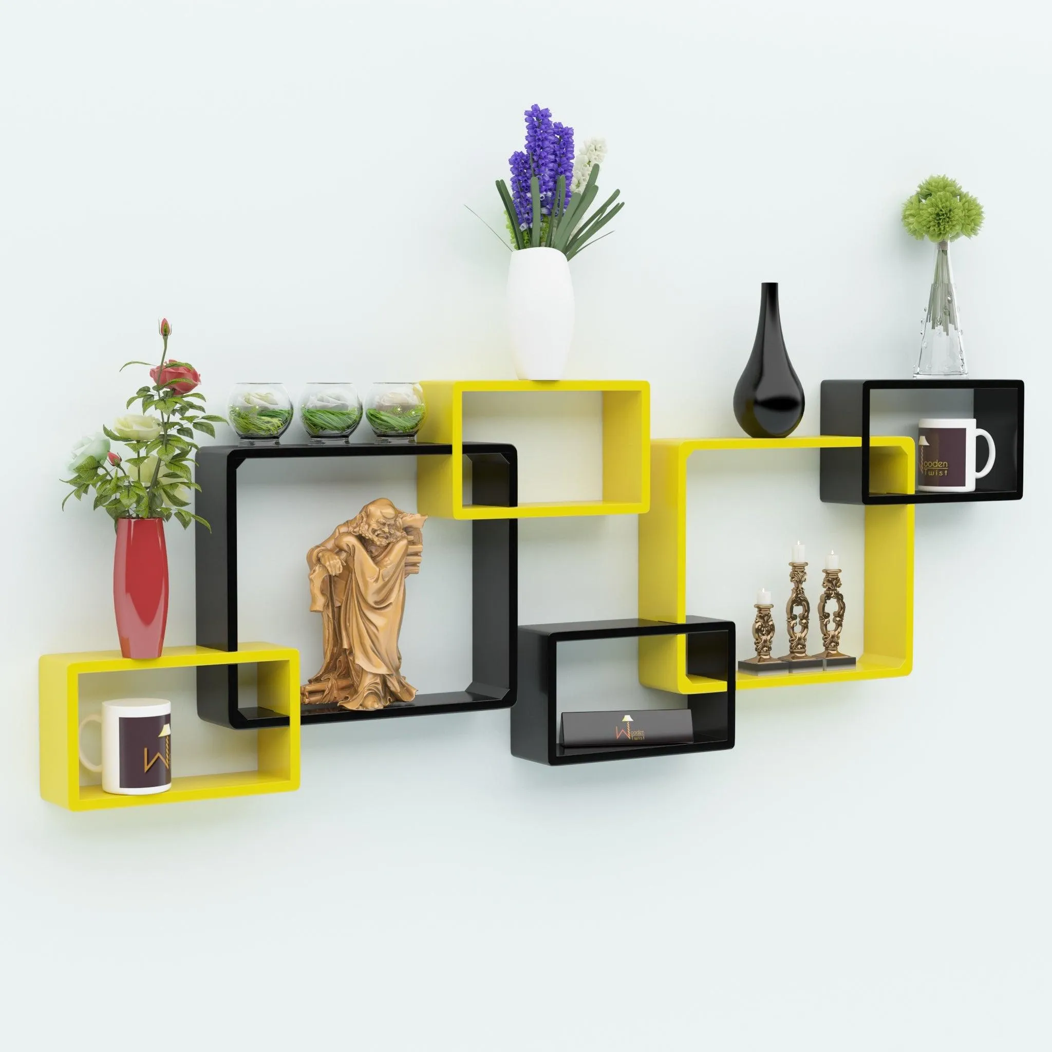 Wooden Twist Intersecting Wall Shelves (Set of 6)