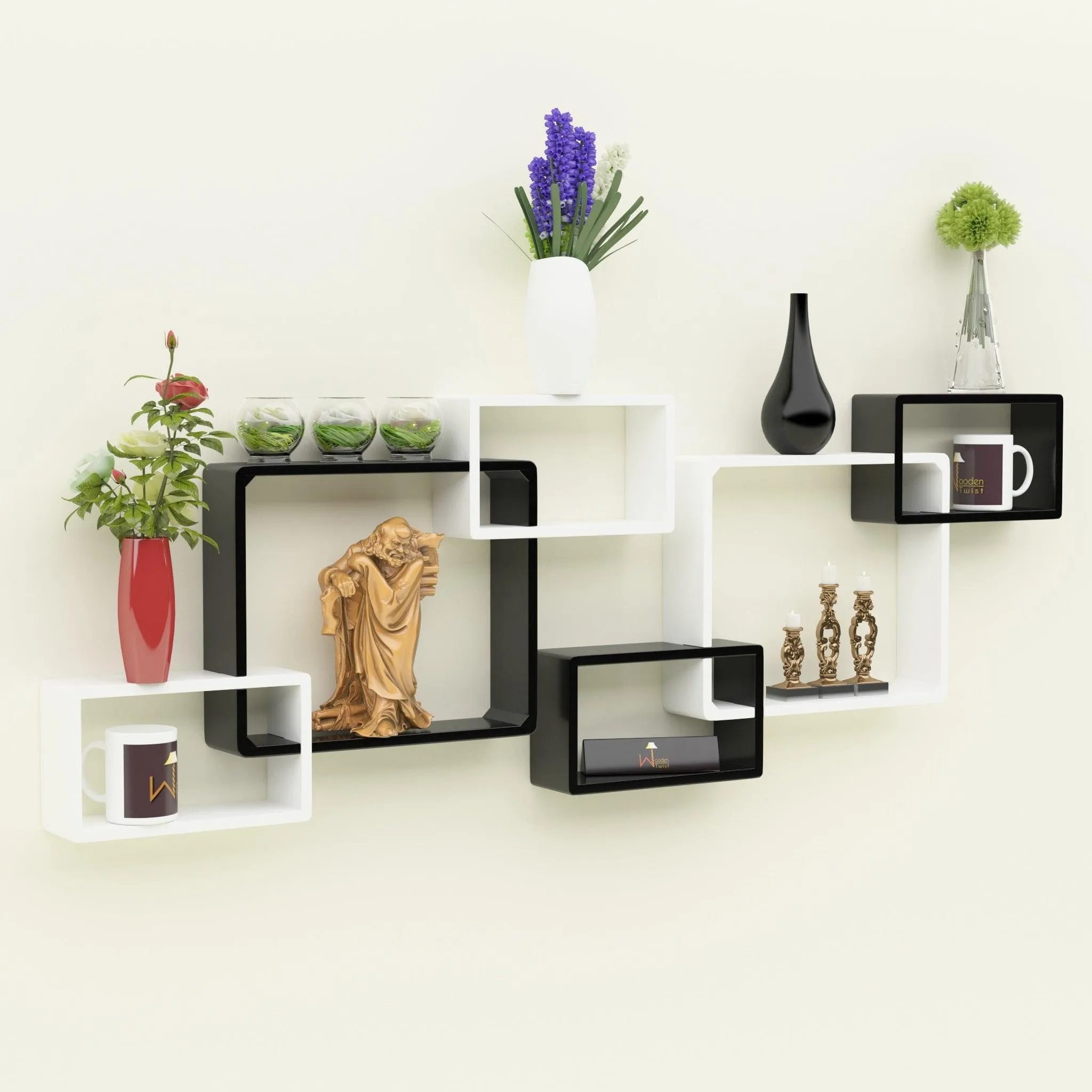 Wooden Twist Intersecting Wall Shelves (Set of 6)