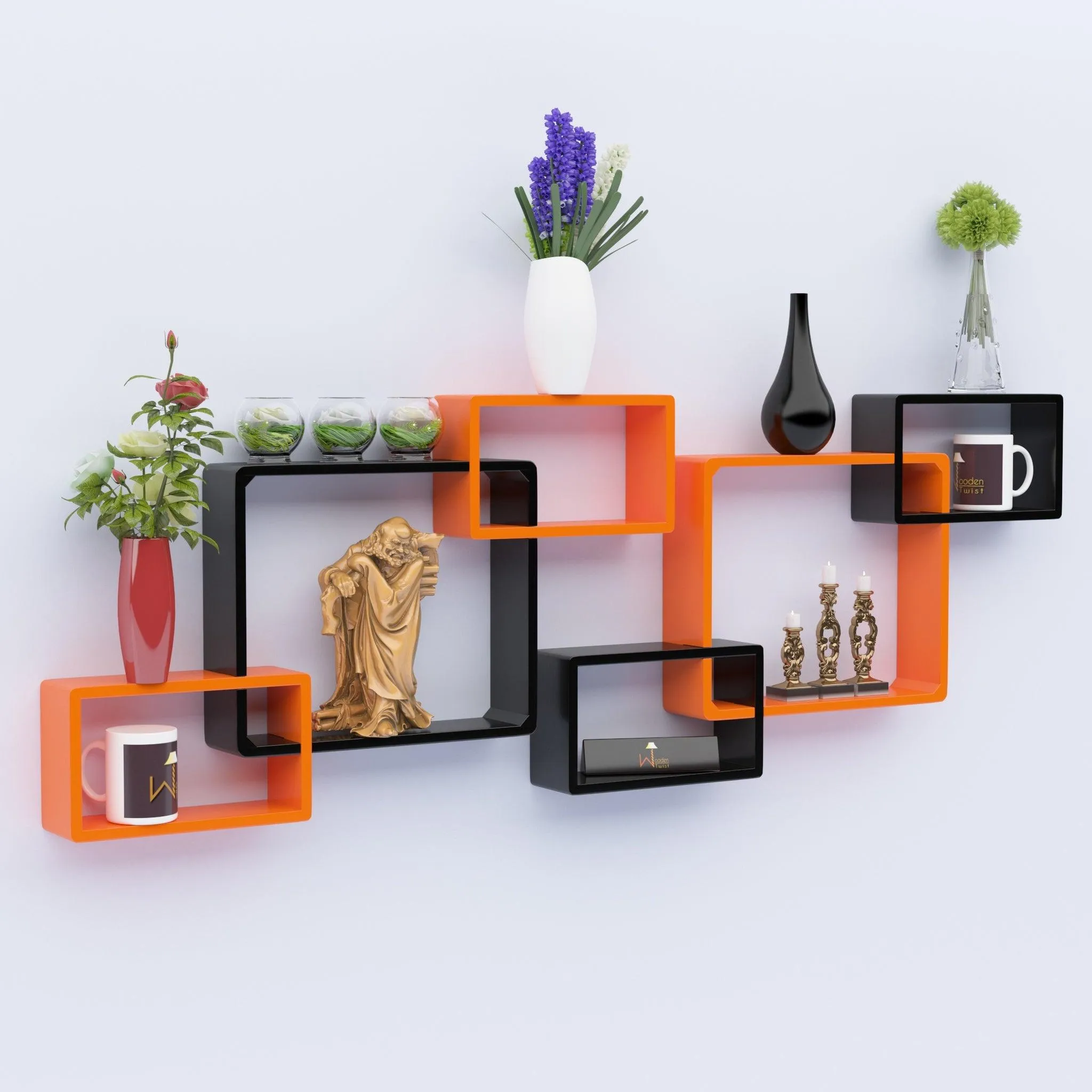 Wooden Twist Intersecting Wall Shelves (Set of 6)