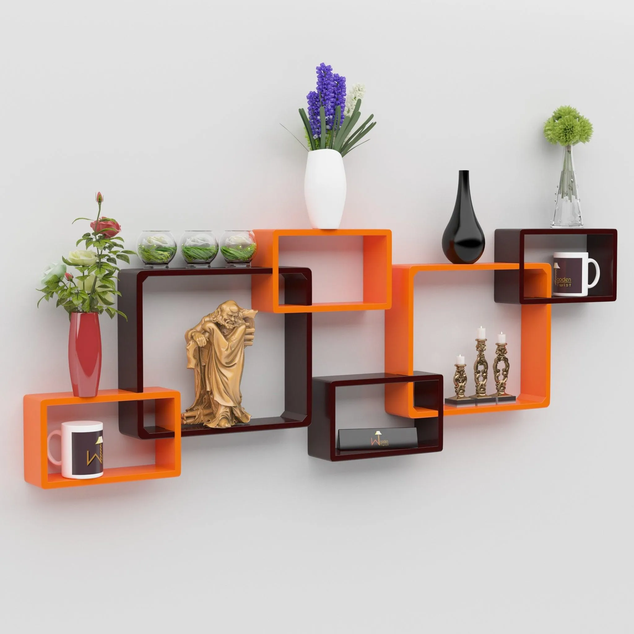 Wooden Twist Intersecting Wall Shelves (Set of 6)