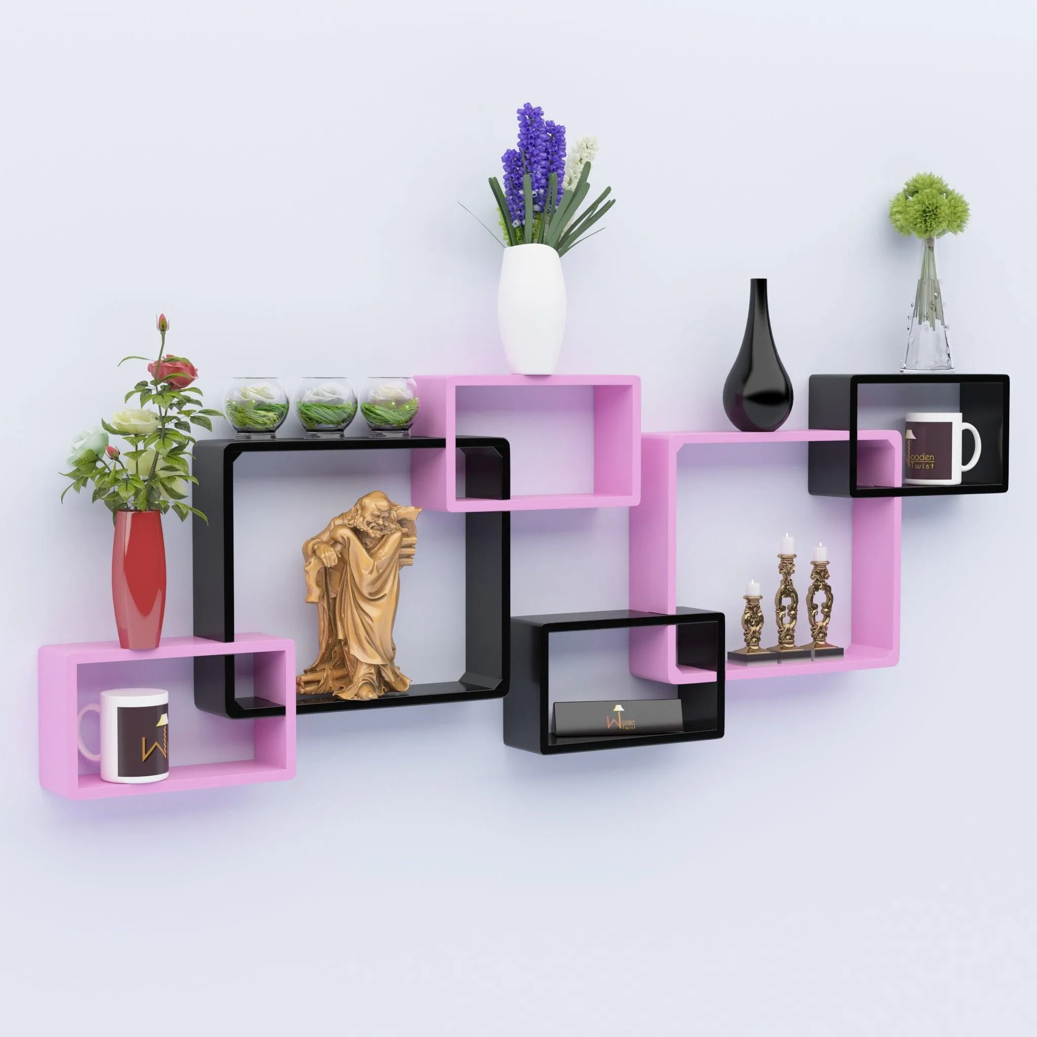 Wooden Twist Intersecting Wall Shelves (Set of 6)