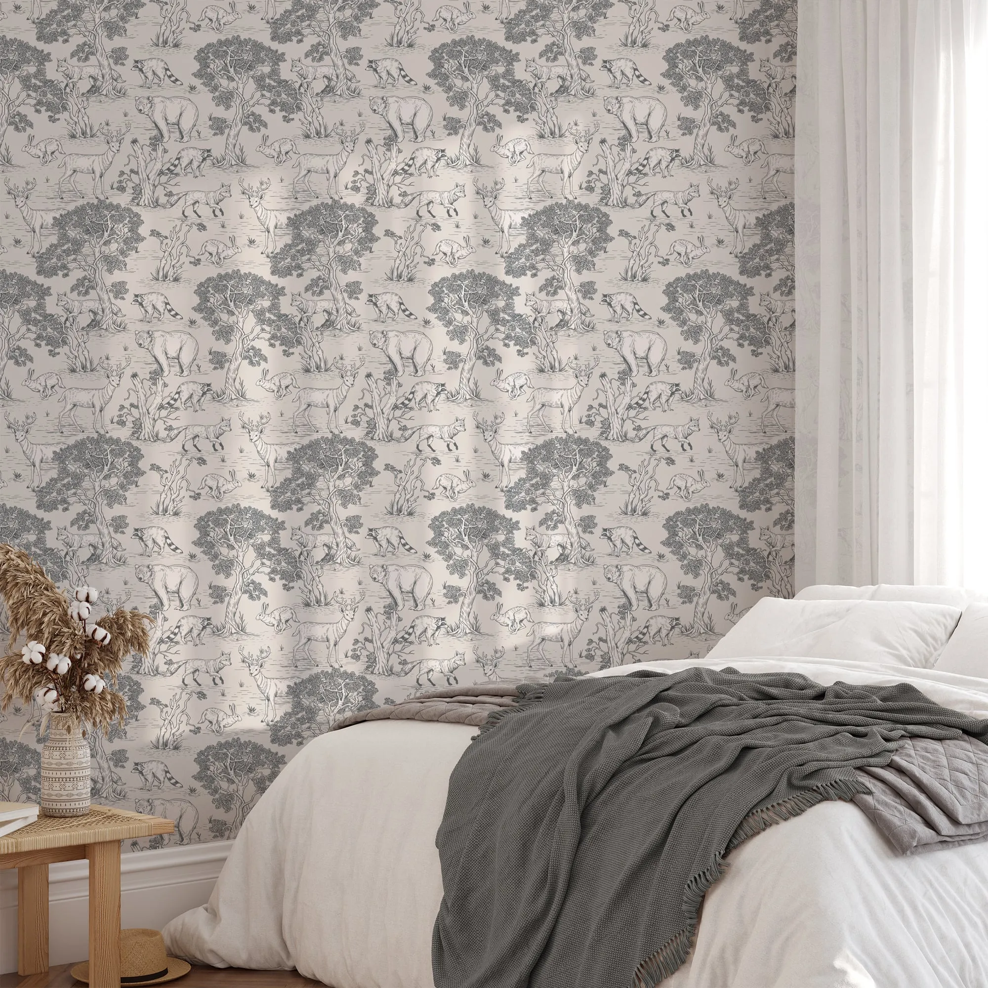 Woodland Animals Toile Wallpaper – Vintage Forest Wildlife Mural
