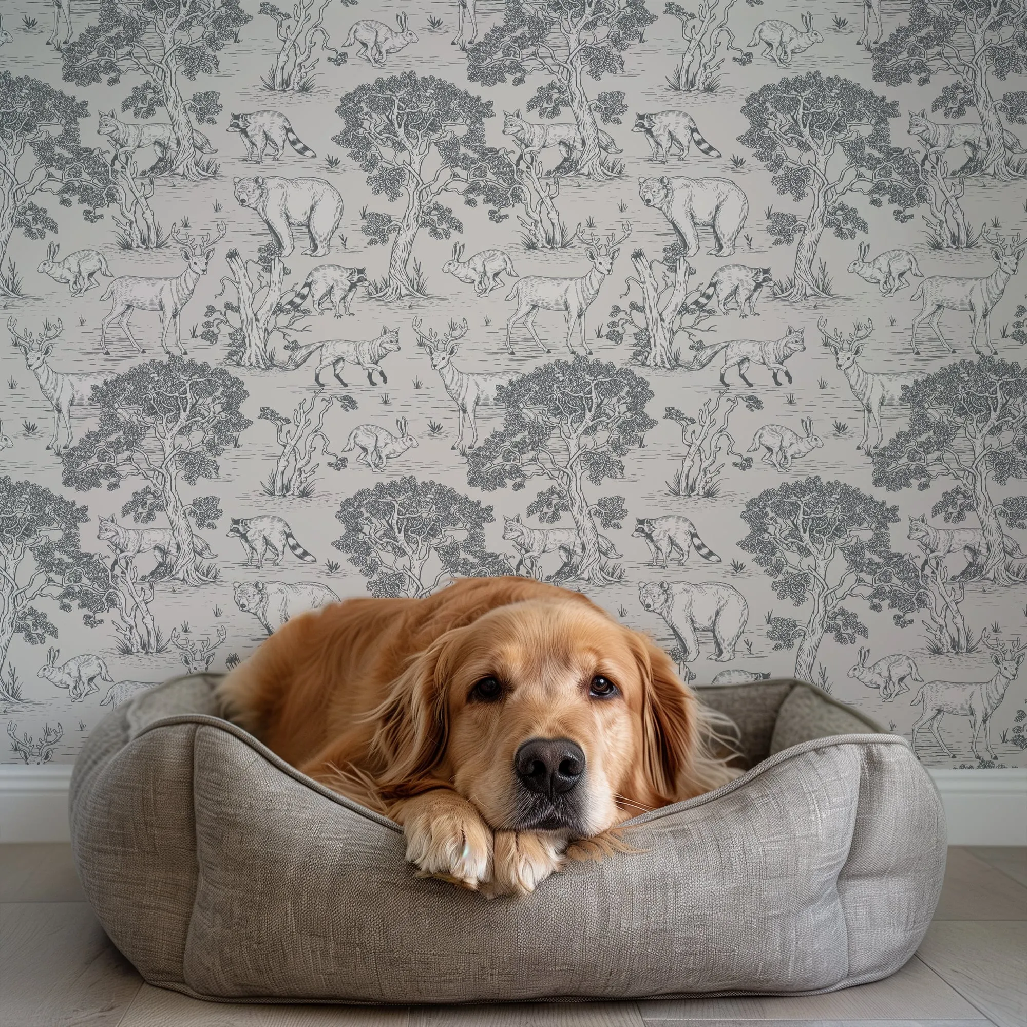 Woodland Animals Toile Wallpaper – Vintage Forest Wildlife Mural