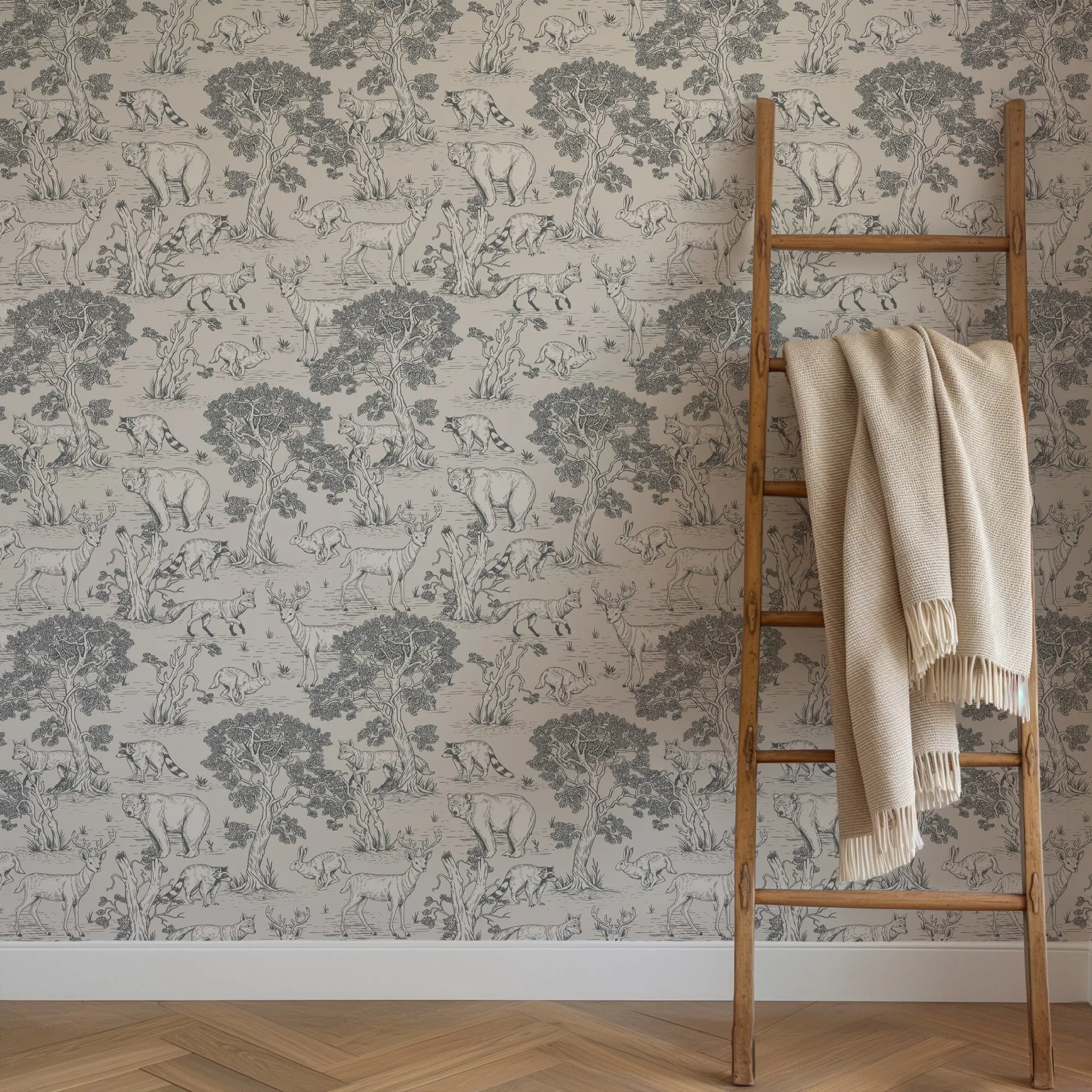Woodland Animals Toile Wallpaper – Vintage Forest Wildlife Mural