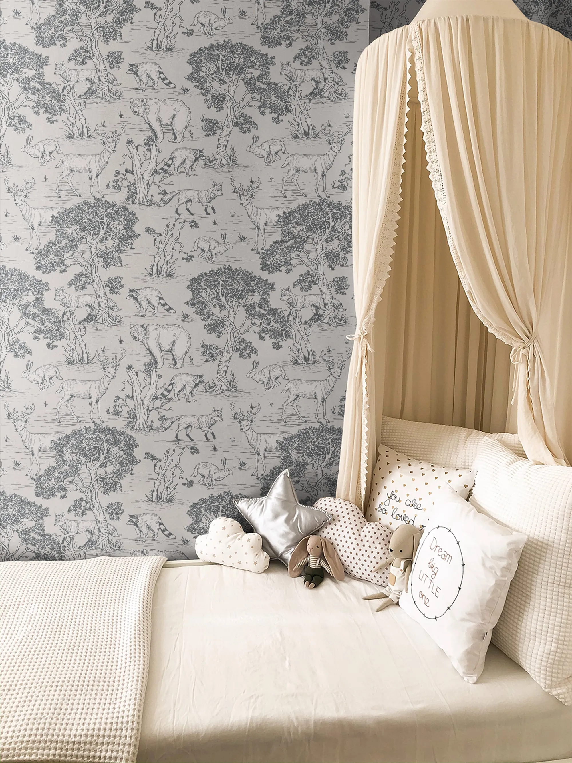 Woodland Animals Toile Wallpaper – Vintage Forest Wildlife Mural