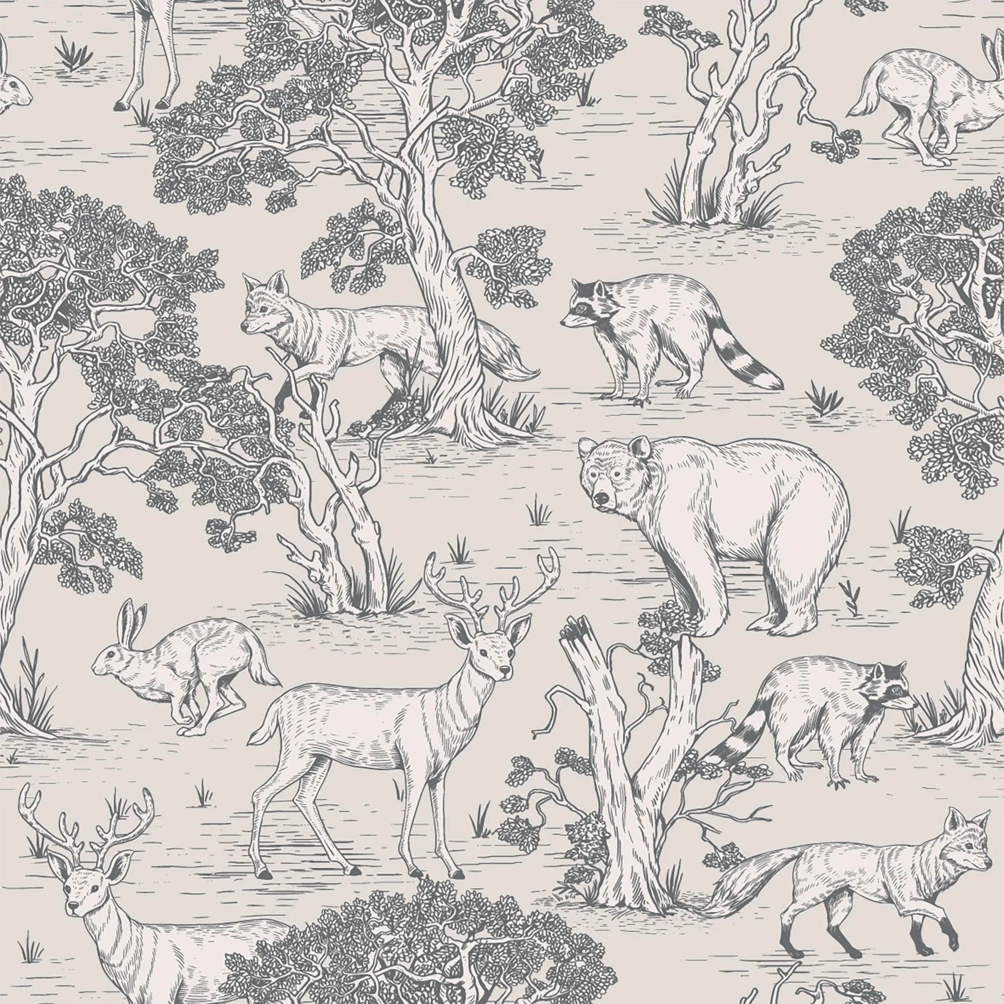 Woodland Animals Toile Wallpaper – Vintage Forest Wildlife Mural