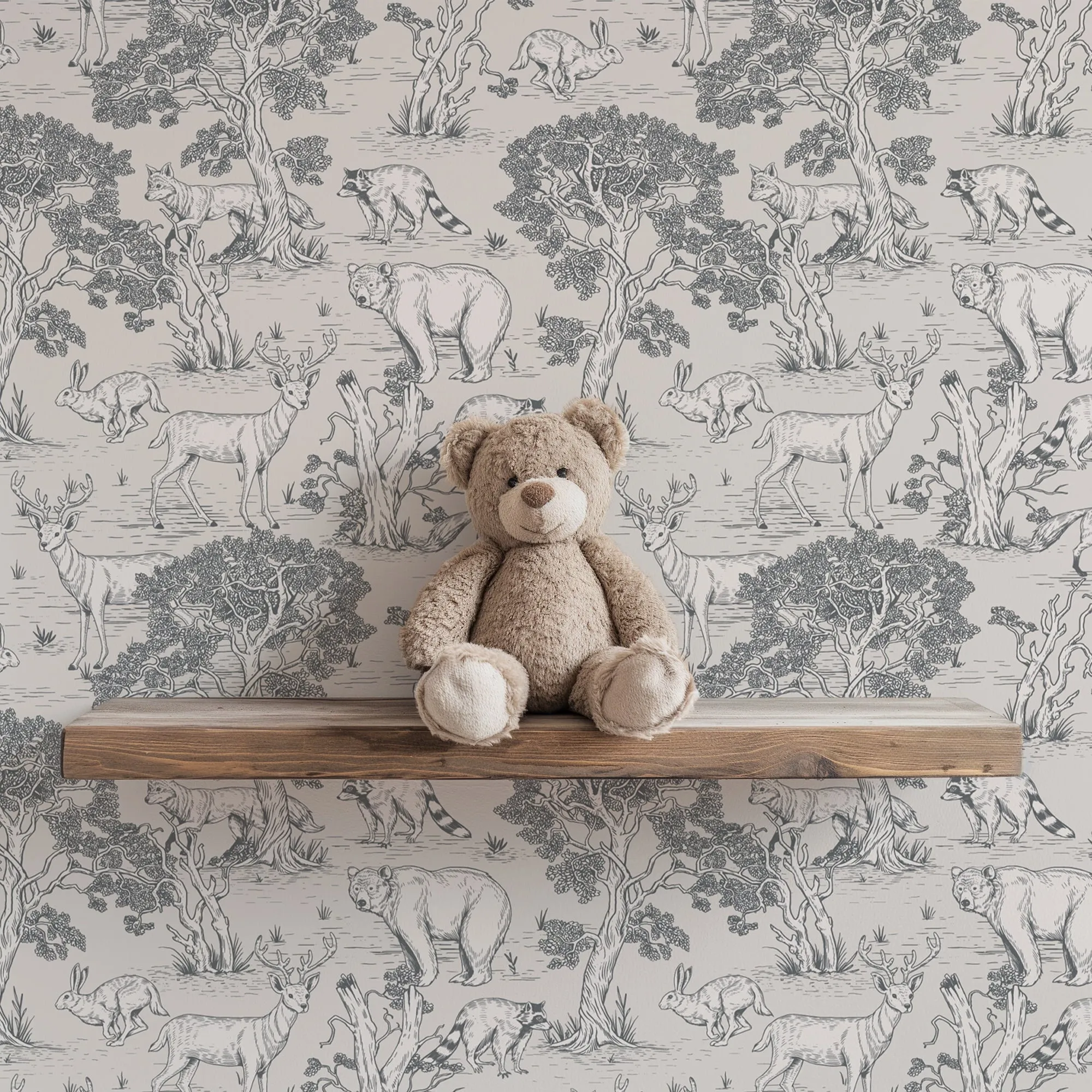 Woodland Animals Toile Wallpaper – Vintage Forest Wildlife Mural